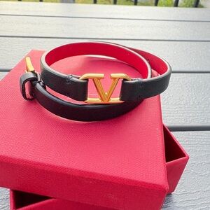 Black and Red Leather VALENTINO Bracelet with Gold Buckle